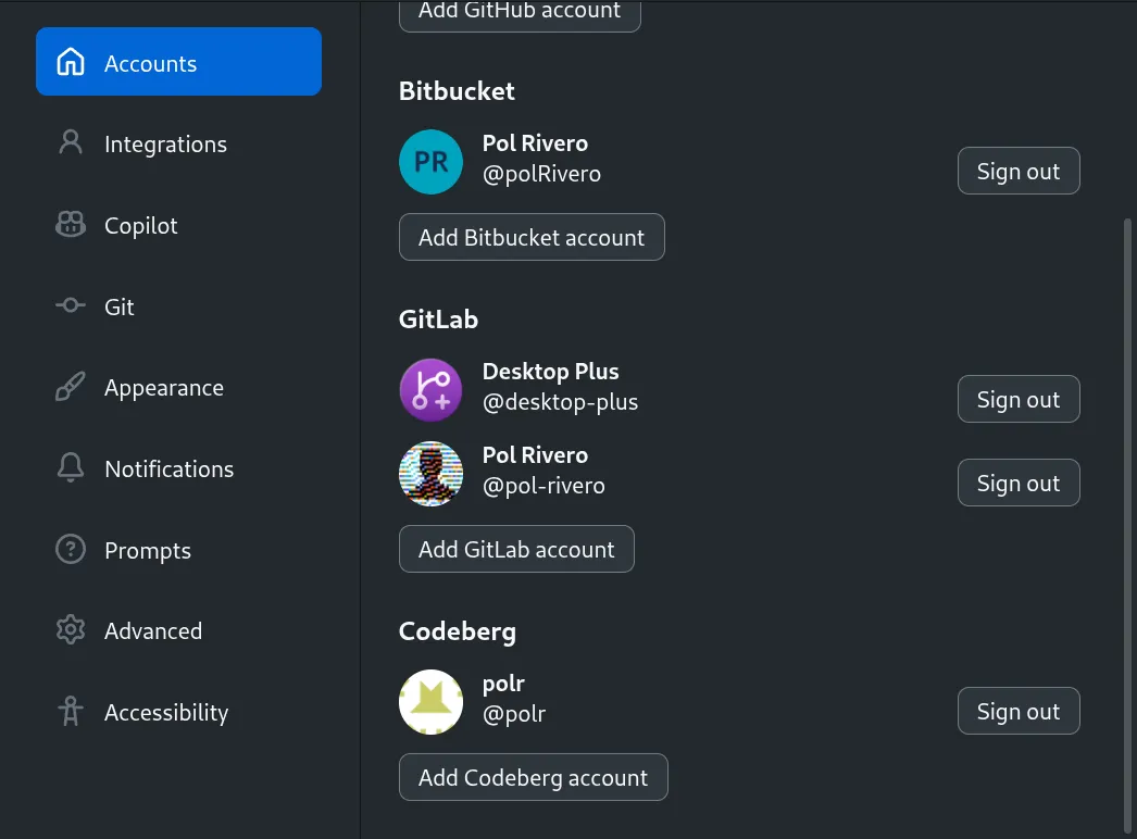 Accounts settings showing multiple GitHub, Bitbucket and GitLab accounts