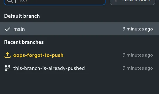 Branch list with a warning icon on a branch that was never pushed