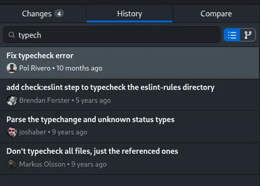 Searching commits by keyword in the History tab