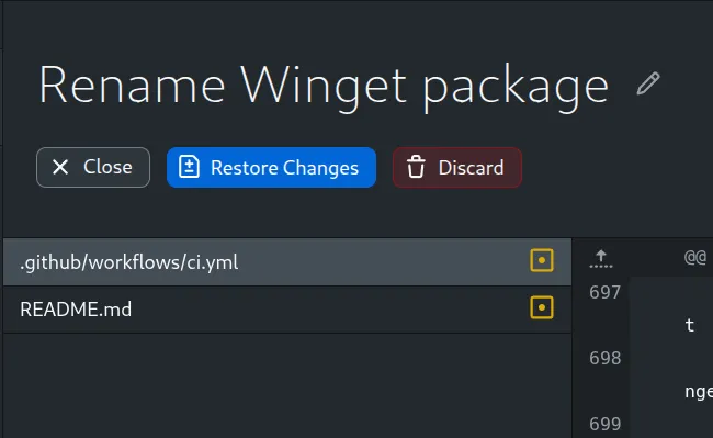 Stashed changes header with clearly colored Restore and Discard buttons