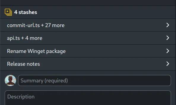 A list of four separate stashes on a branch